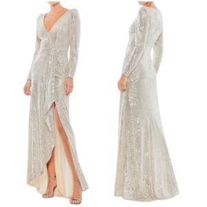 Mac Duggal NWT Sequin Wrap Evening Gown Silver Long Sleeve Size 2 Side Slit